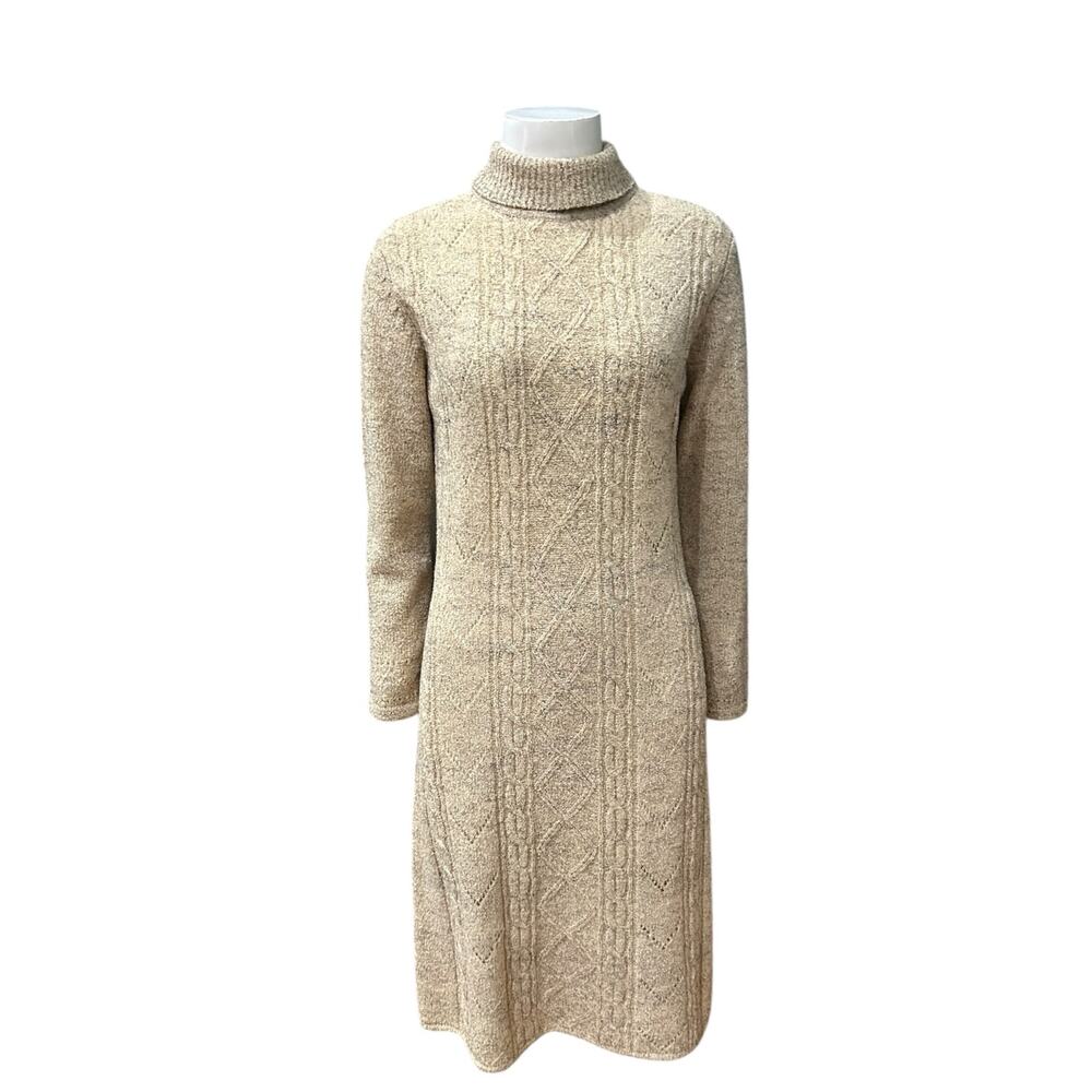 Vintage 1960s Oatmeal Wool Cable Knit Dress Turtleneck Sweater / Women’s S/M -